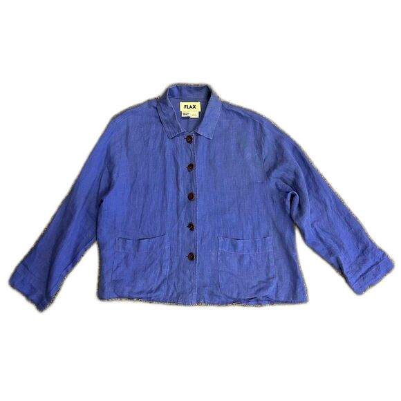 Flax NWOT Periwinkle Blue 100% Linen Lagenlook Boxy Button Up Shirt Jacket Sz S - Picture 2 of 10